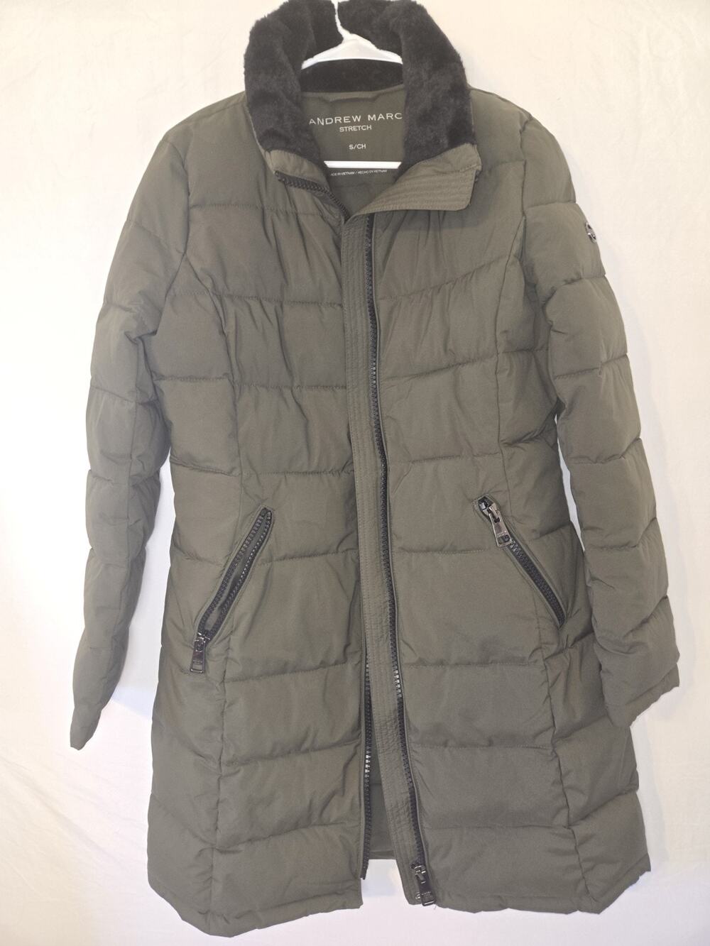 Andrew Marc US Womens Size S Stretch Khaki Puffer Coat Jacket Faux Fur Trim